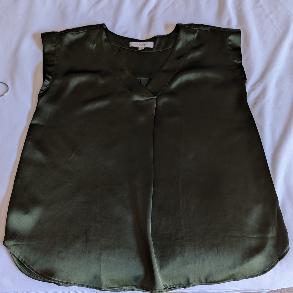 LOFT Olive Green Satin V-Neck Shell Top